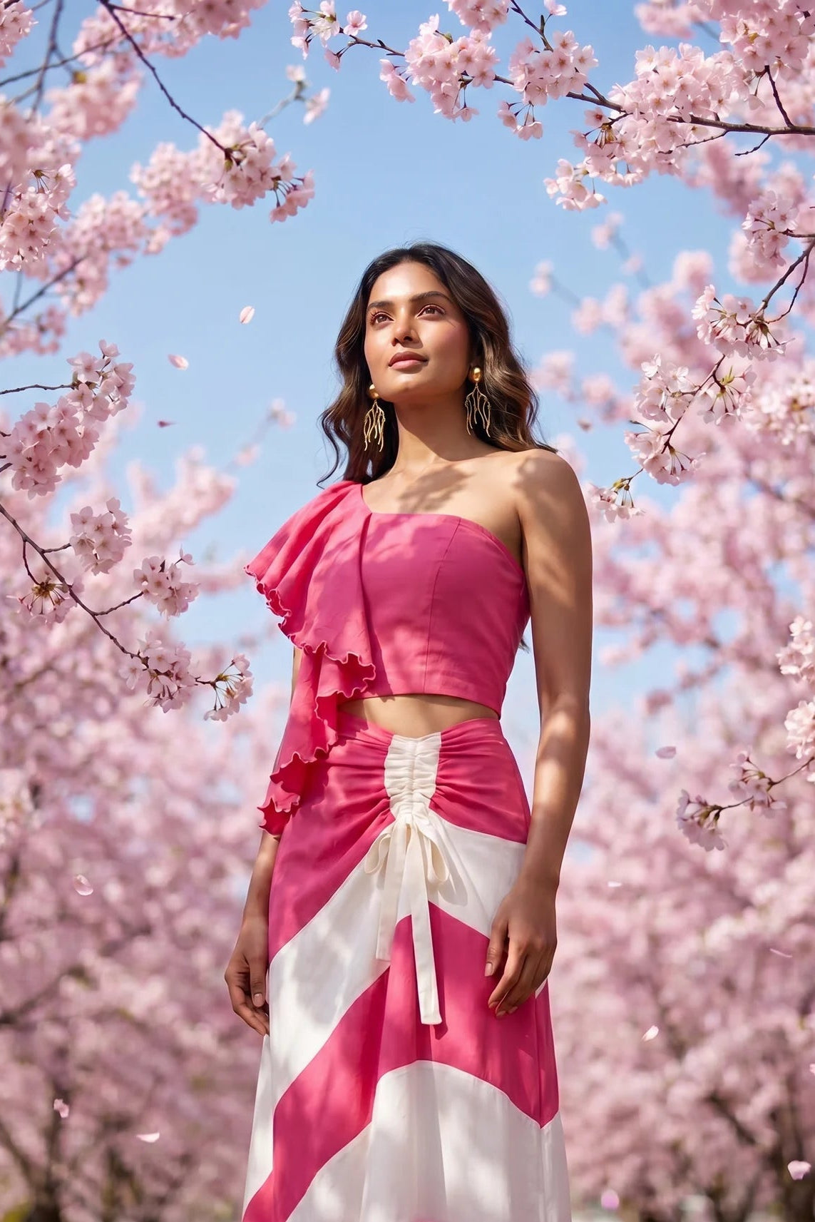 Petal Drift One Shoulder Top And Pink White Colour Block Skirt Set - Western Era Co - ord set for women