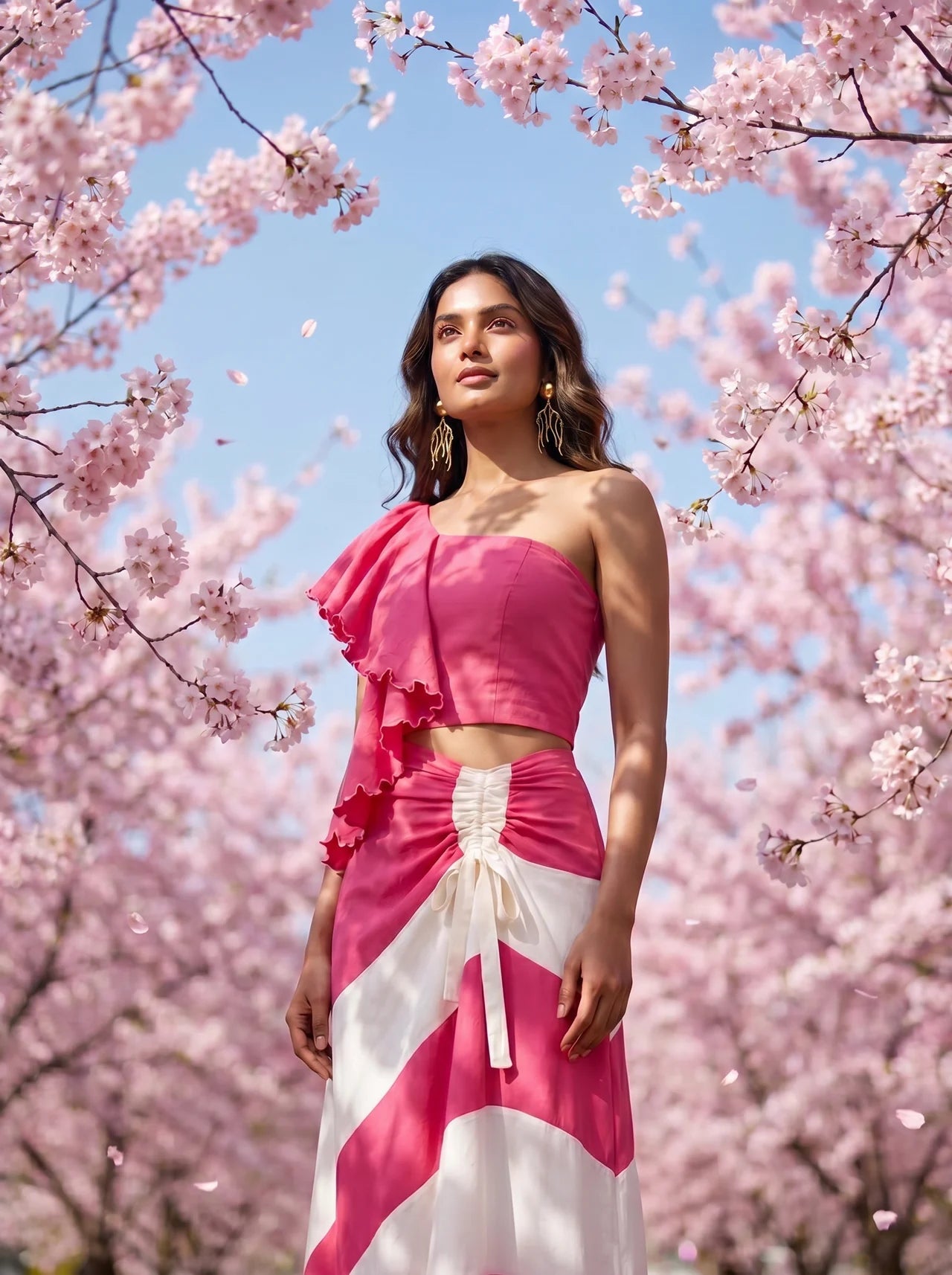 Petal Drift One Shoulder Top And Pink White Colour Block Skirt Set - Western Era Co - ord set for women