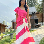 Petal Drift One Shoulder Top And Pink White Colour Block Skirt Set - Western Era Co - ord set for women