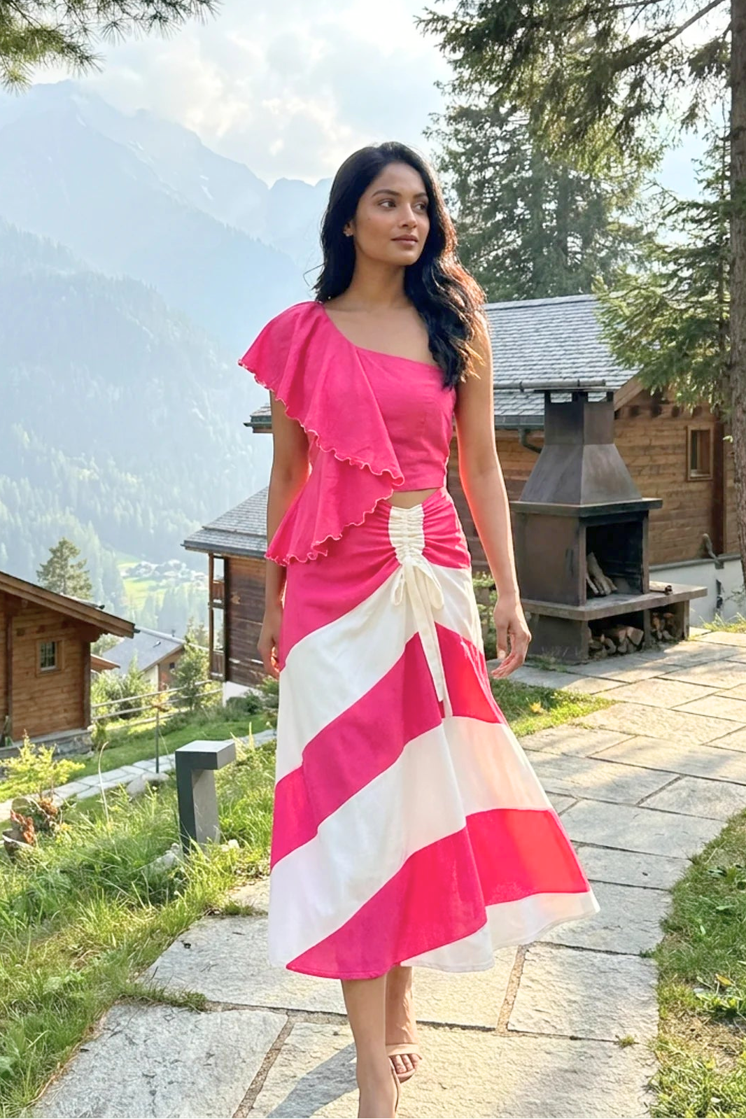 Petal Drift One Shoulder Top And Pink White Colour Block Skirt Set - Western Era Co - ord set for women