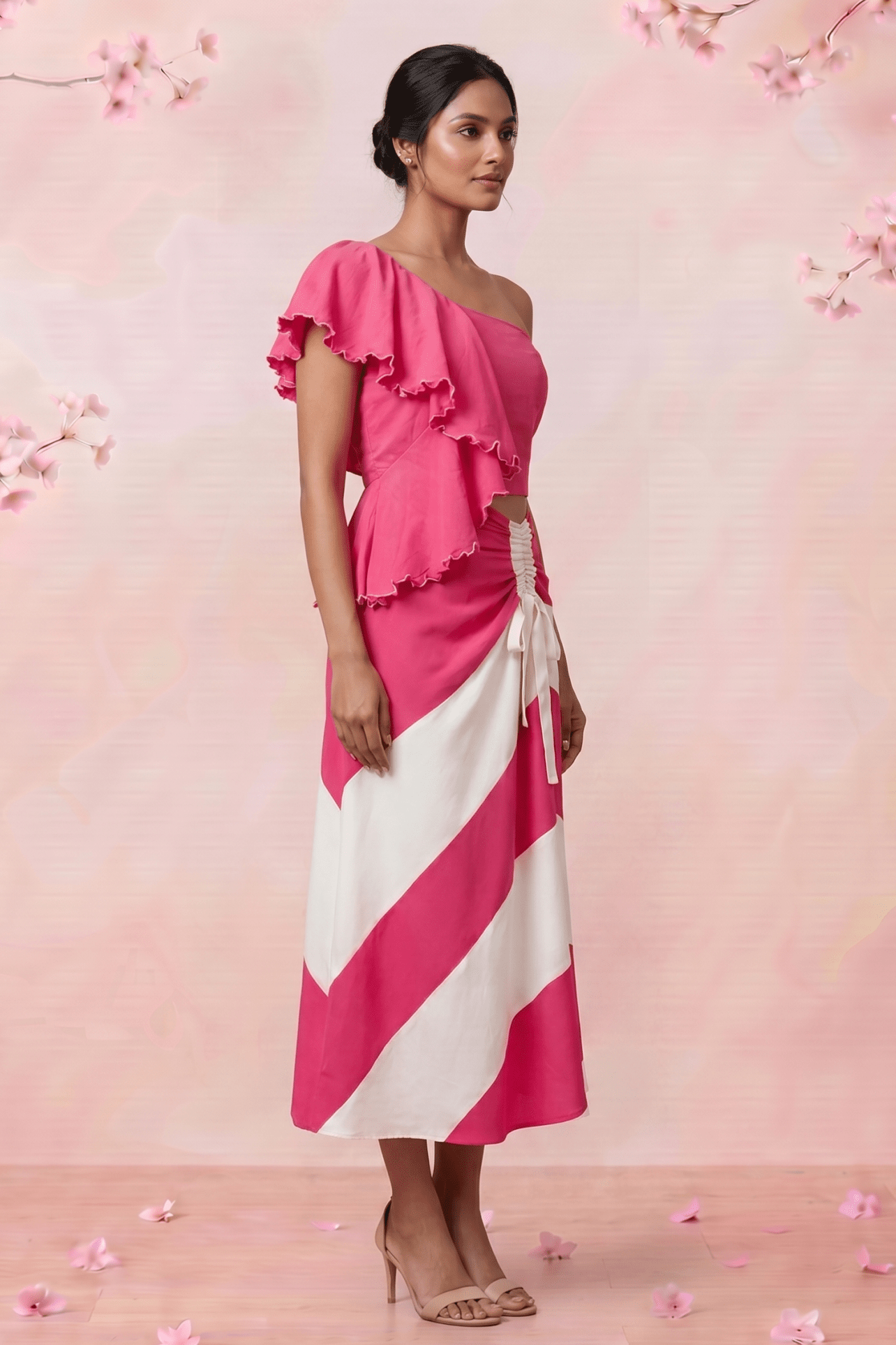 Petal Drift One Shouldrer Top And Pink White Diagonal Stripe Skirt Set - Western Era Co - ord set for women