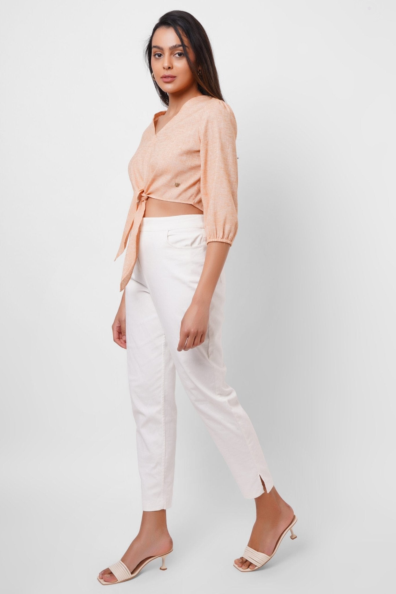 Picnic Wear Front Knot Orange Cotton Linen Top - Western Era Tops for women