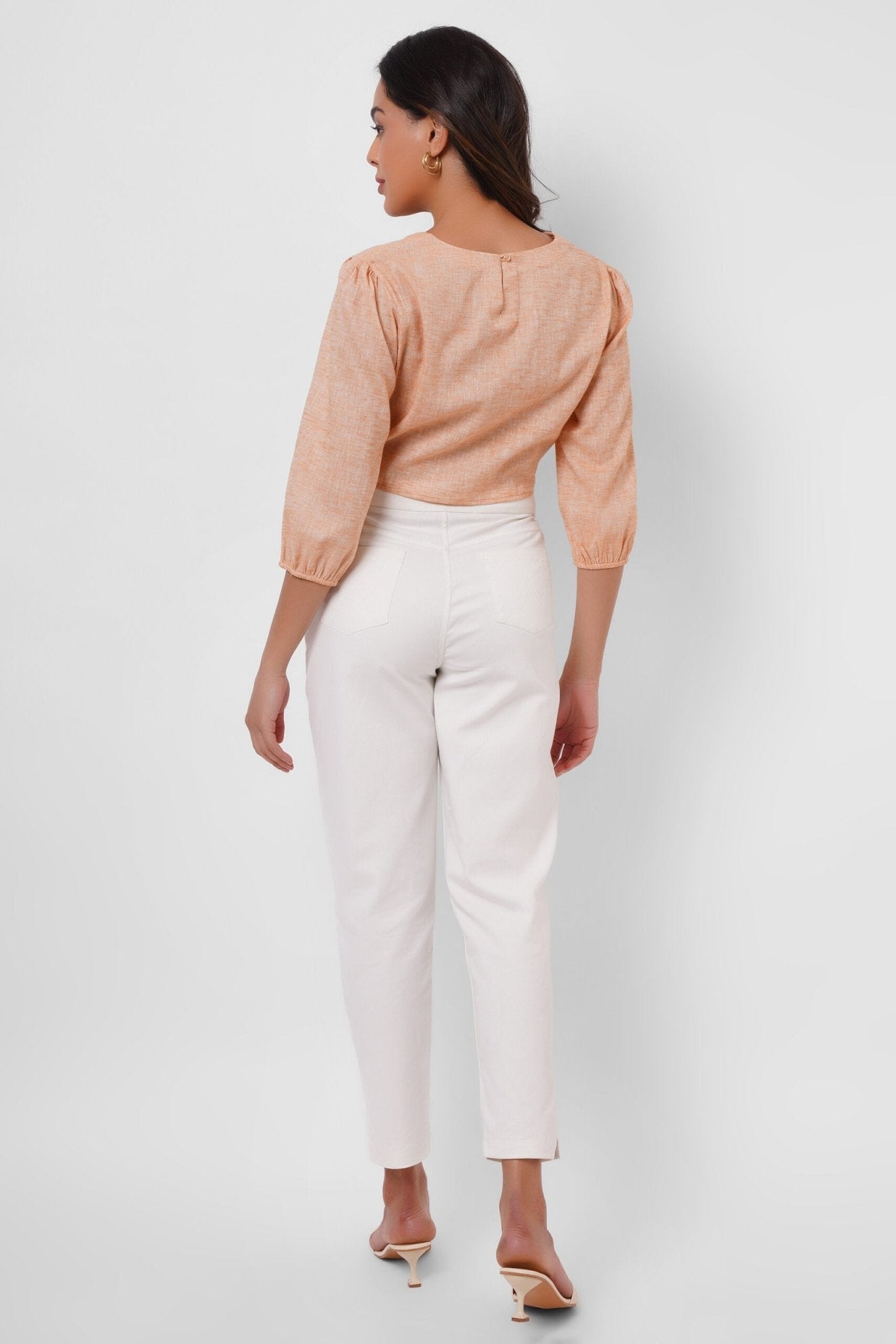 Picnic Wear Front Knot Orange Cotton Linen Top - Western Era Tops for women