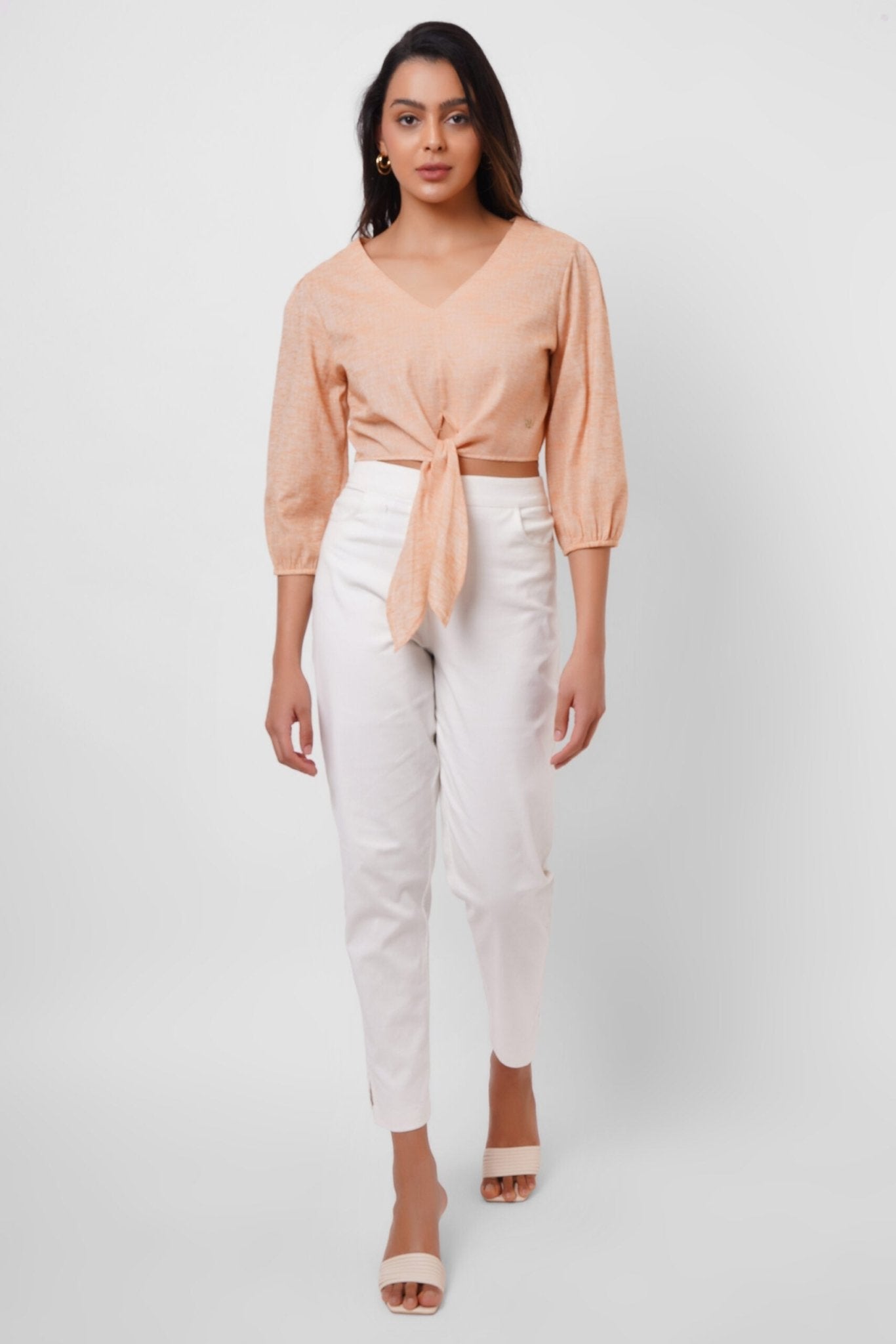 Picnic Wear Front Knot Orange Cotton Linen Top - Western Era Tops for women