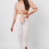 Picnic Wear Front Knot Orange Cotton Linen Top - Western Era Tops for women