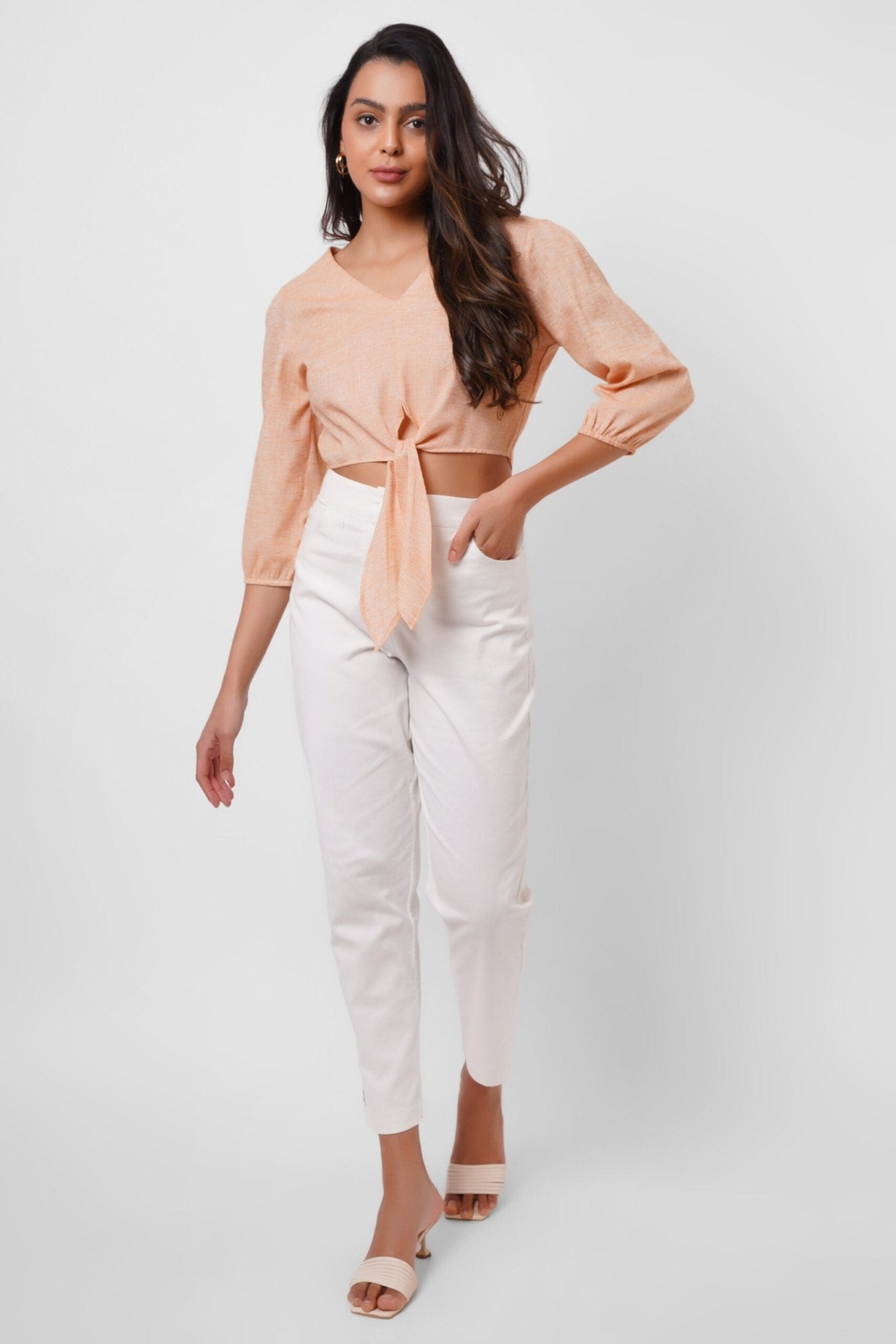 Picnic Wear Front Knot Orange Cotton Linen Top - Western Era Tops for women