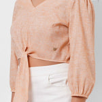 Picnic Wear Front Knot Orange Cotton Linen Top - Western Era Tops for women
