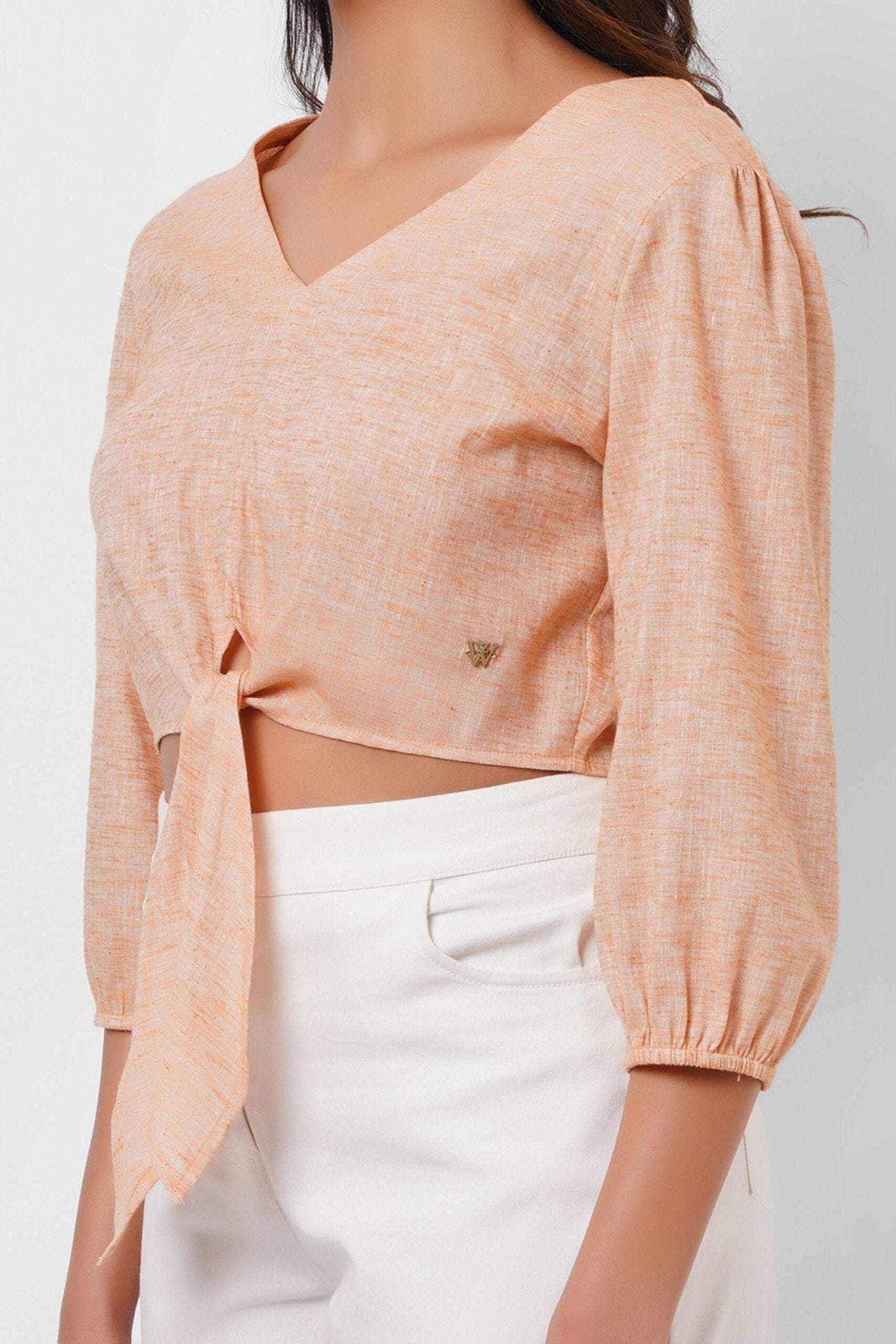 Picnic Wear Front Knot Orange Cotton Linen Top - Western Era Tops for women