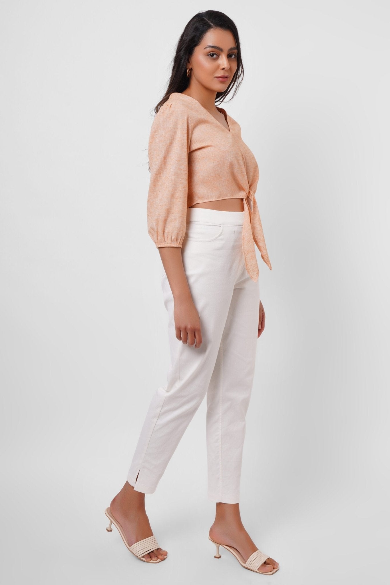 Picnic Wear Front Knot Orange Cotton Linen Top - Western Era Tops for women