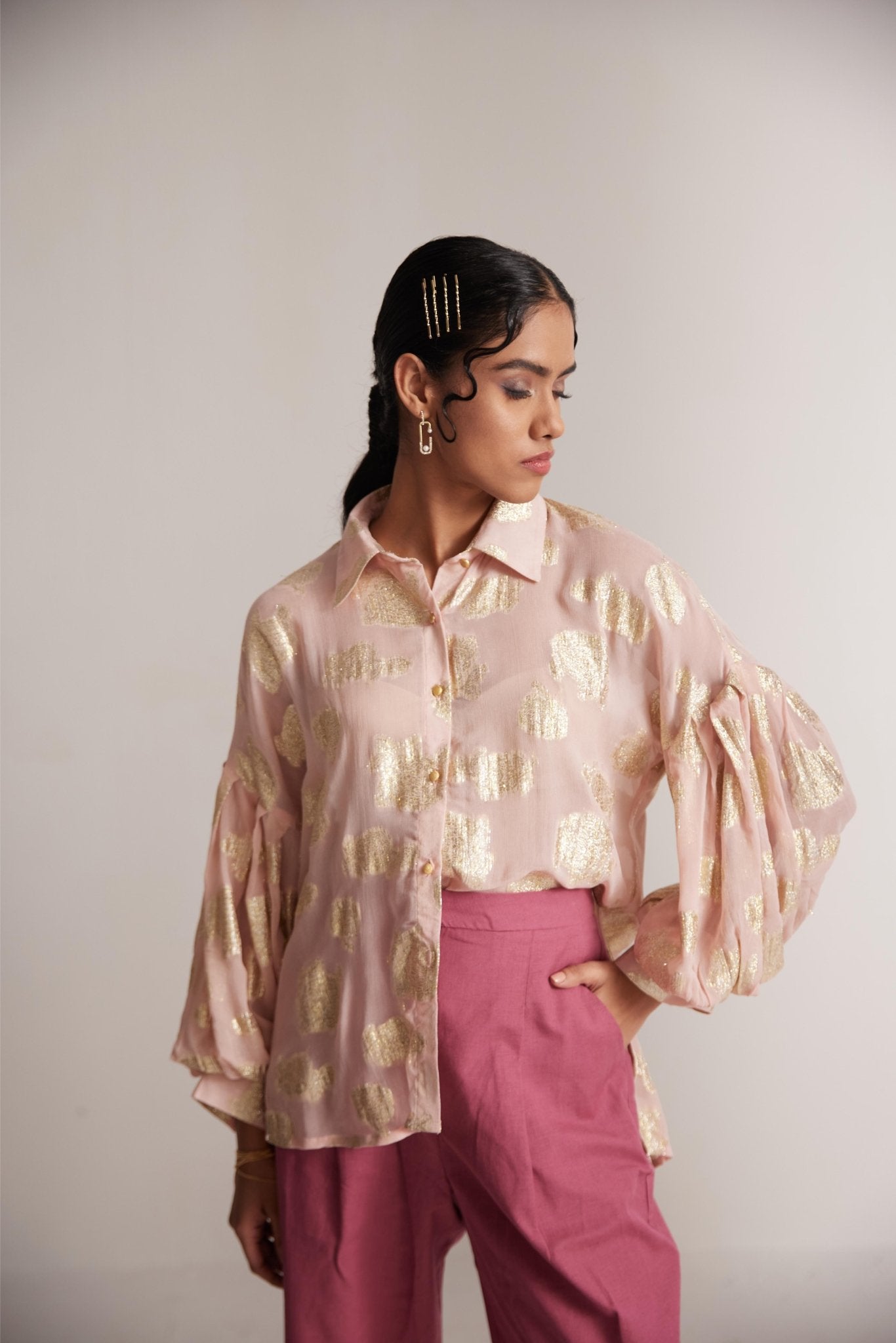 Pink Party Wear Shirt With Balloon Sleeves And Golden Buttons - Western Era Tops for women