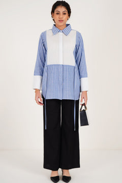 Pintuck Yoke Striped Shirt With Waist Tie