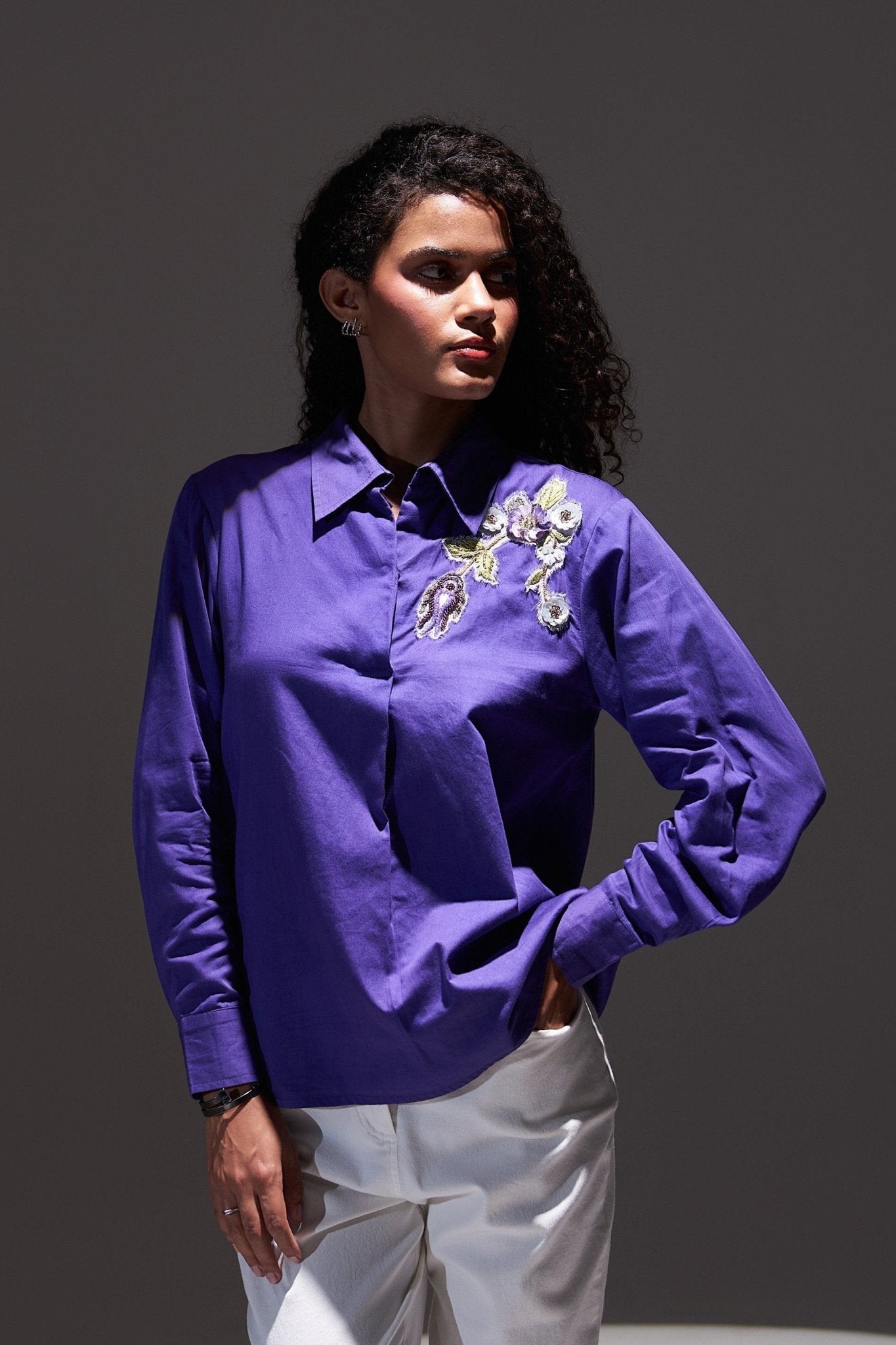 Pleated Cotton Shirt With Embellished Patch Detail - Western Era Tops for women