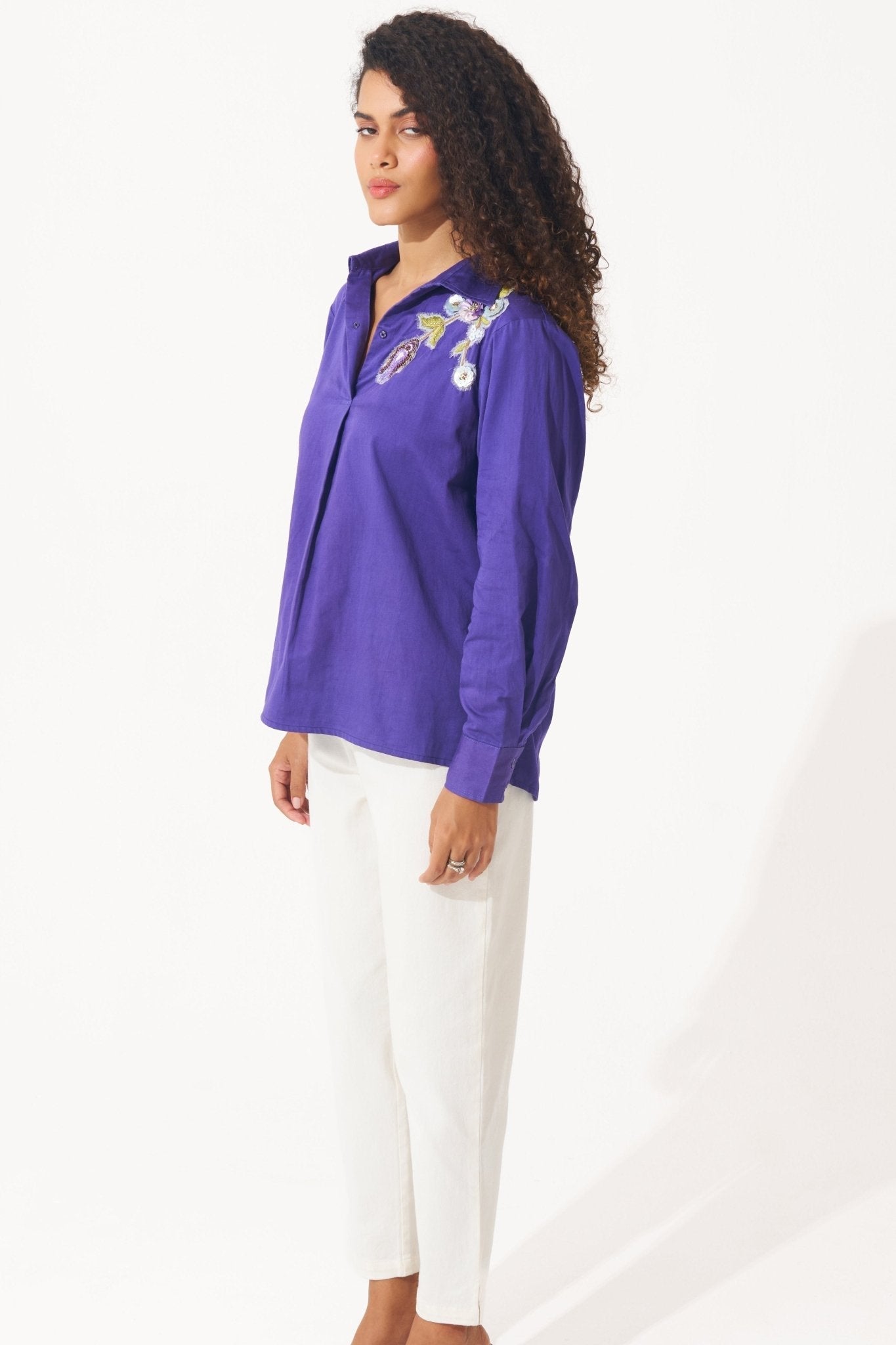 Pleated Cotton Shirt With Embellished Patch Detail - Western Era Tops for women