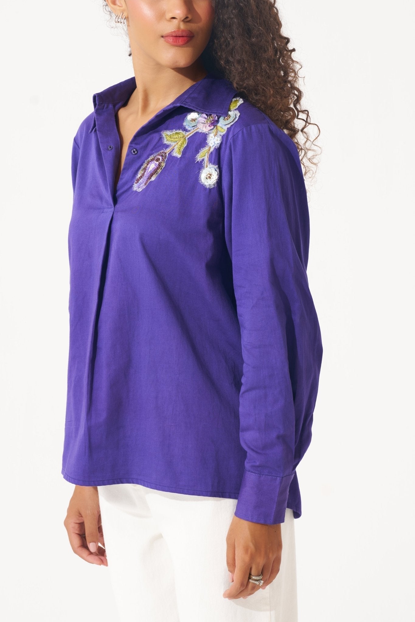 Pleated Cotton Shirt With Embellished Patch Detail - Western Era Tops for women