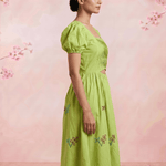 Pleated Square - Neck Waiste Cut Out with Puff Sleeve Midi Dress - Western Era Dresses for women