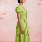 Pleated Square - Neck Waiste Cut Out with Puff Sleeve Midi Dress - Western Era Dresses for women