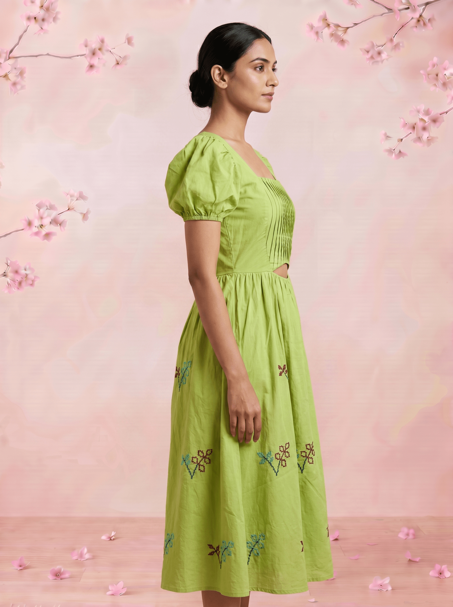 Pleated Square - Neck Waiste Cut Out with Puff Sleeve Midi Dress - Western Era Dresses for women