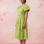 Pleated Square - Neck Waiste Cut Out with Puff Sleeve Midi Dress - Western Era Dresses for women