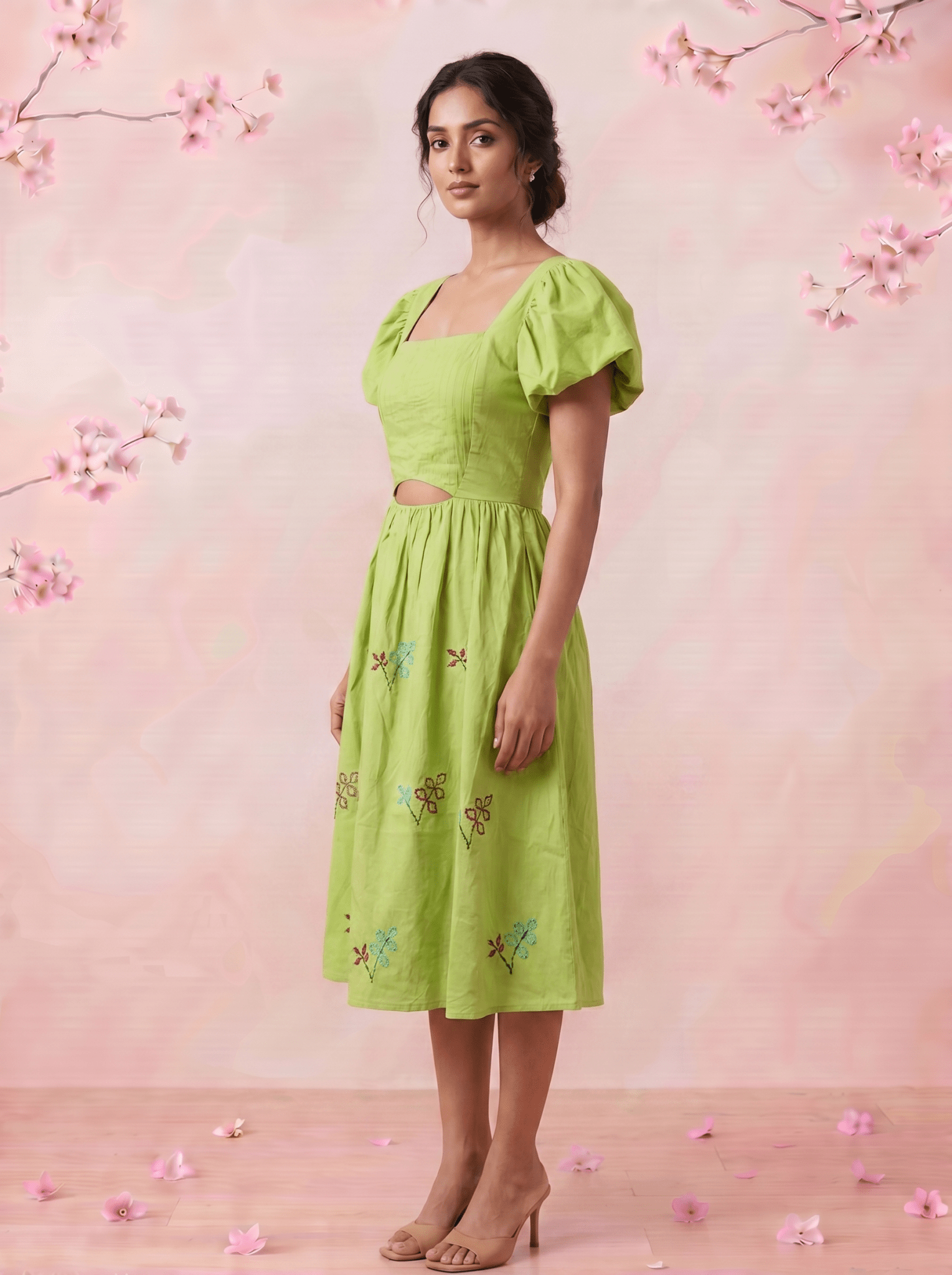 Pleated Square - Neck Waiste Cut Out with Puff Sleeve Midi Dress - Western Era Dresses for women