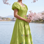 Pleated Square - Neck Waiste Cut Out with Puff Sleeve Midi Dress - Western Era Dresses for women