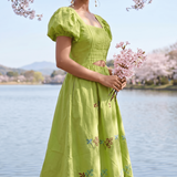Pleated Square - Neck Waiste Cut Out with Puff Sleeve Midi Dress - Western Era Dresses for women