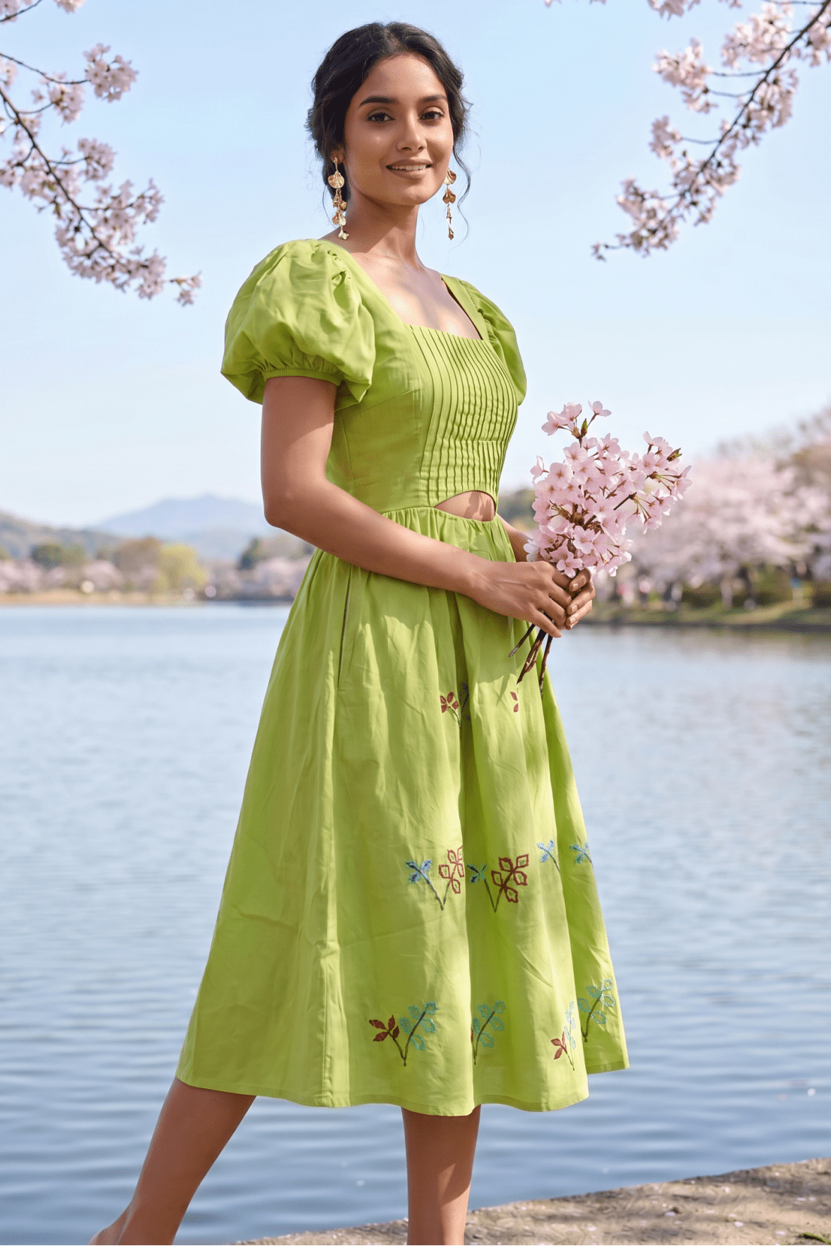 Pleated Square - Neck Waiste Cut Out with Puff Sleeve Midi Dress - Western Era Dresses for women