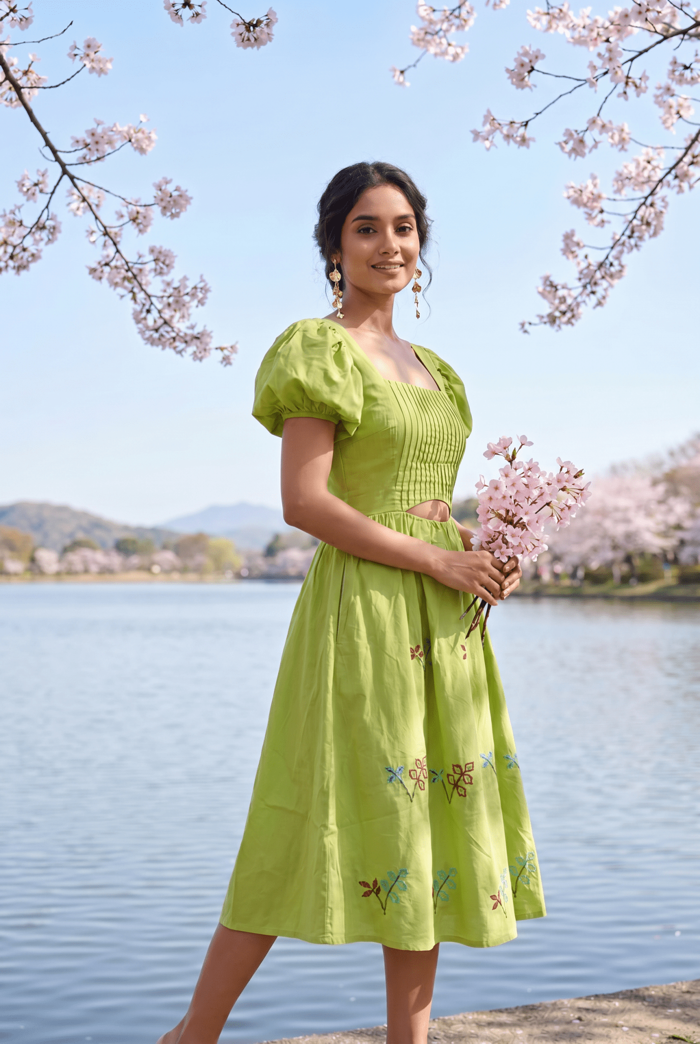 Pleated Square - Neck Waiste Cut Out with Puff Sleeve Midi Dress - Western Era Dresses for women