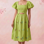 Pleated Square - Neck Waiste Cut Out with Puff Sleeve Midi Dress - Western Era Dresses for women