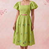 Pleated Square - Neck Waiste Cut Out with Puff Sleeve Midi Dress - Western Era Dresses for women