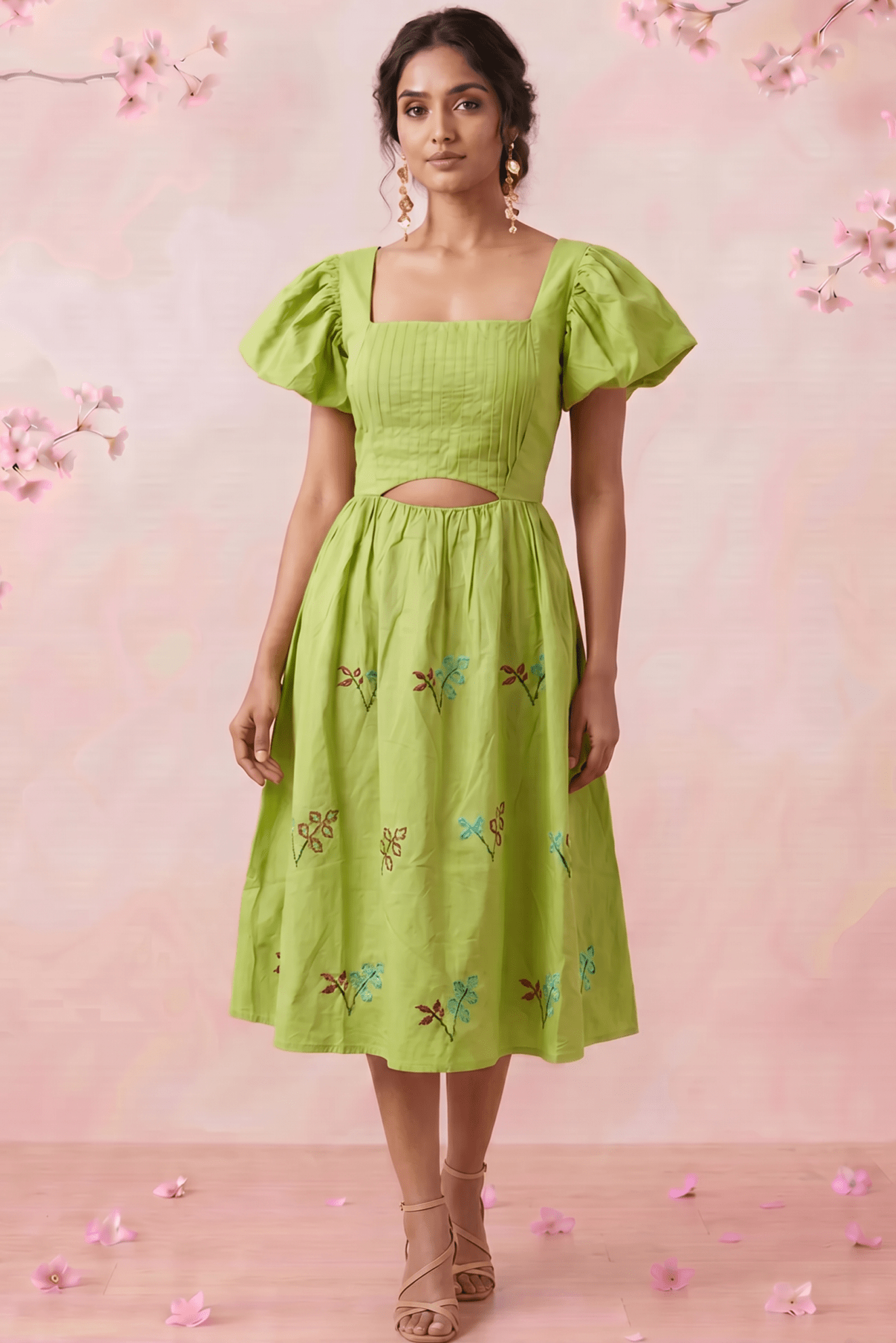 Pleated Square - Neck Waiste Cut Out with Puff Sleeve Midi Dress - Western Era Dresses for women