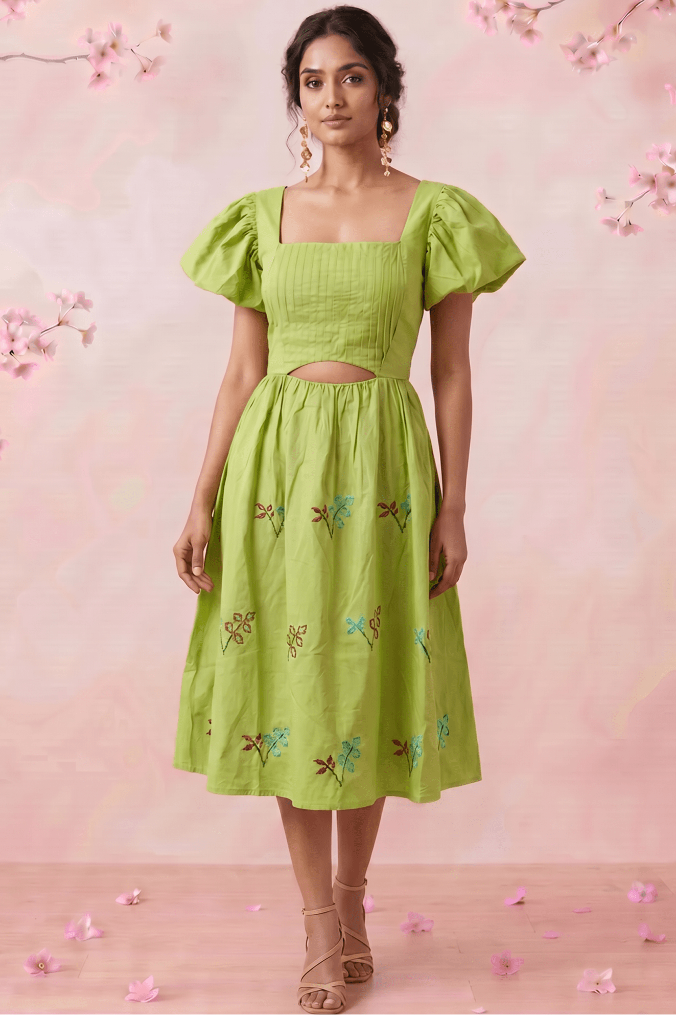 Pleated Square - Neck Waiste Cut Out with Puff Sleeve Midi Dress - Western Era Dresses for women