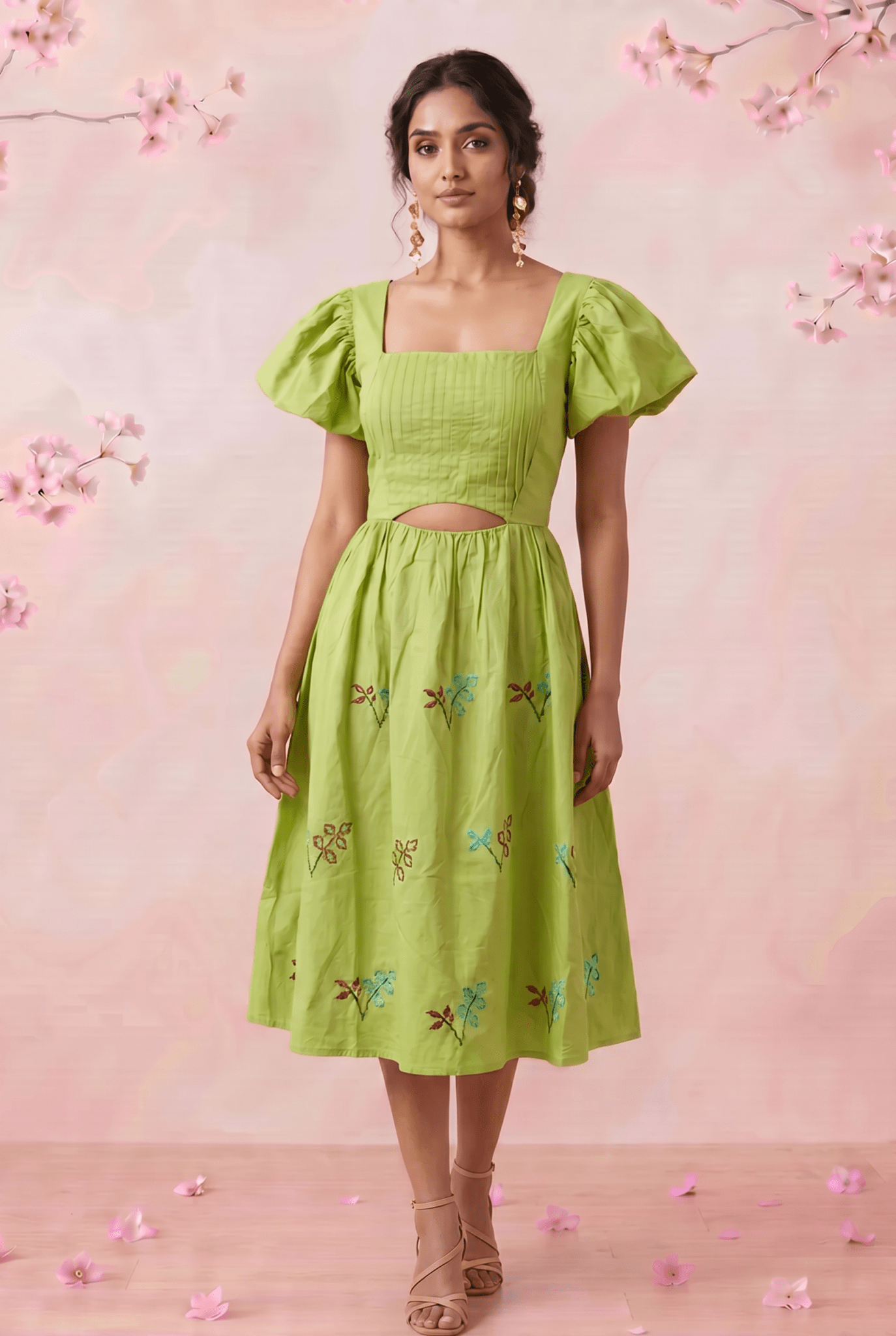 Pleated Square - Neck Waiste Cut Out with Puff Sleeve Midi Dress - Western Era Dresses for women