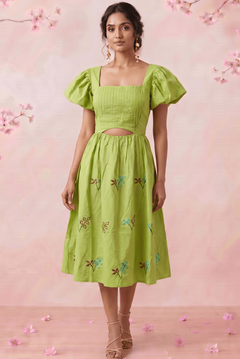 Pleated Square - Neck Waiste Cut Out with Puff Sleeve Midi Dress - Western Era Dresses for women