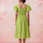 Pleated Square - Neck Waiste Cut Out with Puff Sleeve Midi Dress - Western Era Dresses for women