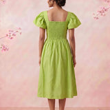 Pleated Square - Neck Waiste Cut Out with Puff Sleeve Midi Dress - Western Era Dresses for women