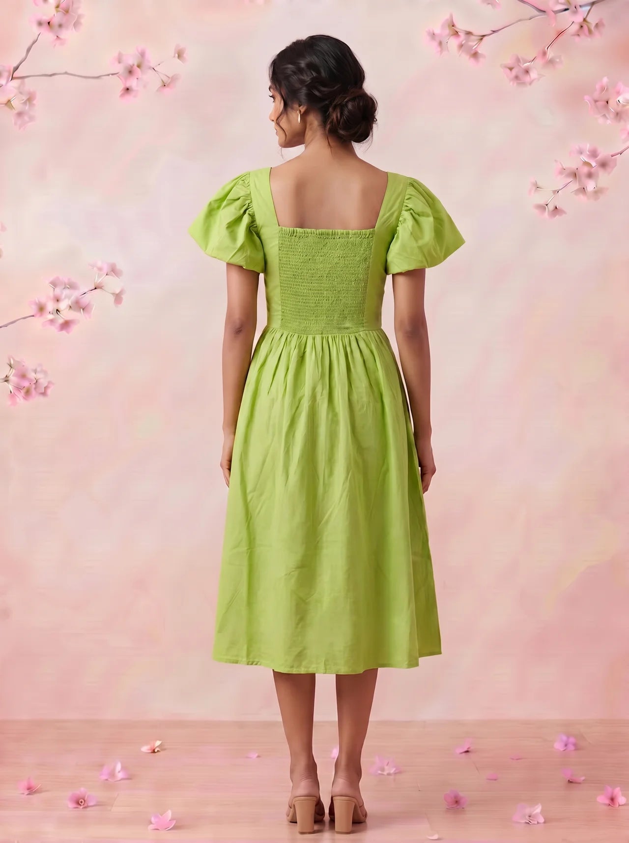 Pleated Square - Neck Waiste Cut Out with Puff Sleeve Midi Dress - Western Era Dresses for women