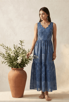Printed Gathered Panel Dress With Designer Neck - Western Era Dresses for women