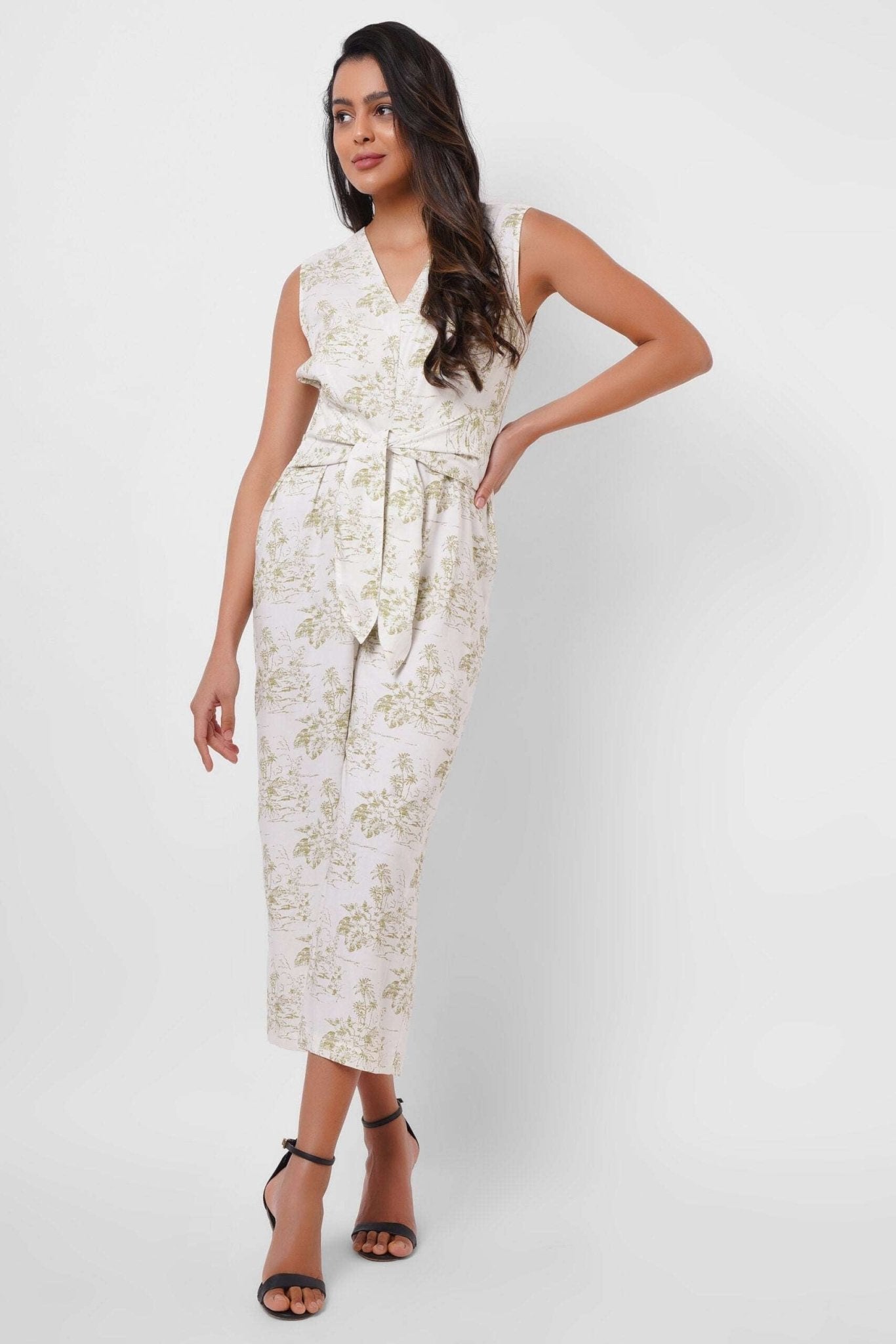 Printed White Jumpsuit with Waist Knot - Western Era Jumpsuits for women