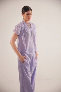 Purple Cotton Trouser With Side Ruching