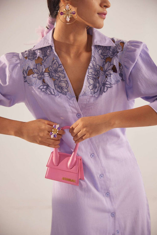 Lavender Event Wear Long Dress With Yolk Embroidery and Side Slit