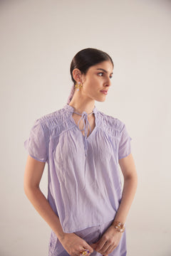 Purple Front Knot Crop Top With Shoulder Ruching