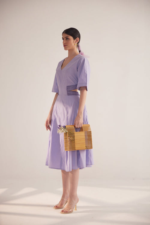 Lavender Lace on Waist Cutout Flared Cotton Dress