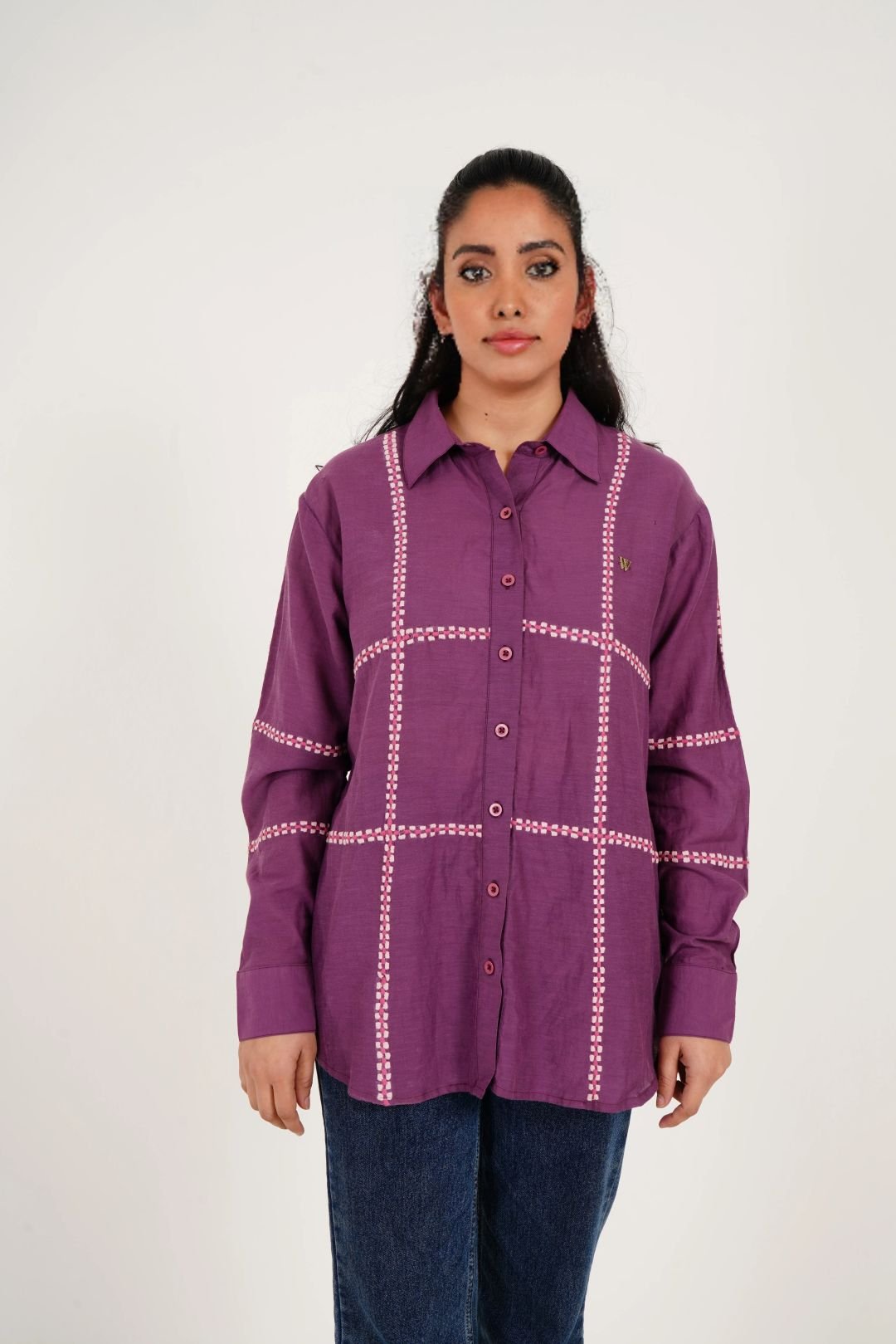 Purple Line Embroidered Oversized Shirt - Western Era Tops for women