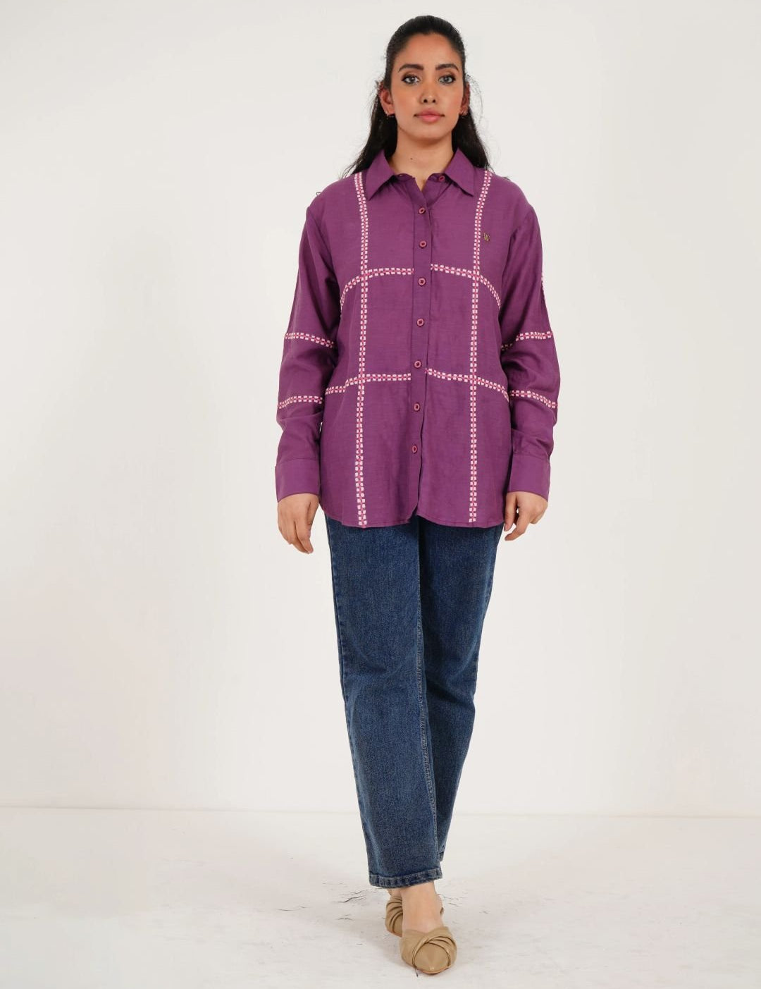 Purple Line Embroidered Oversized Shirt - Western Era Tops for women