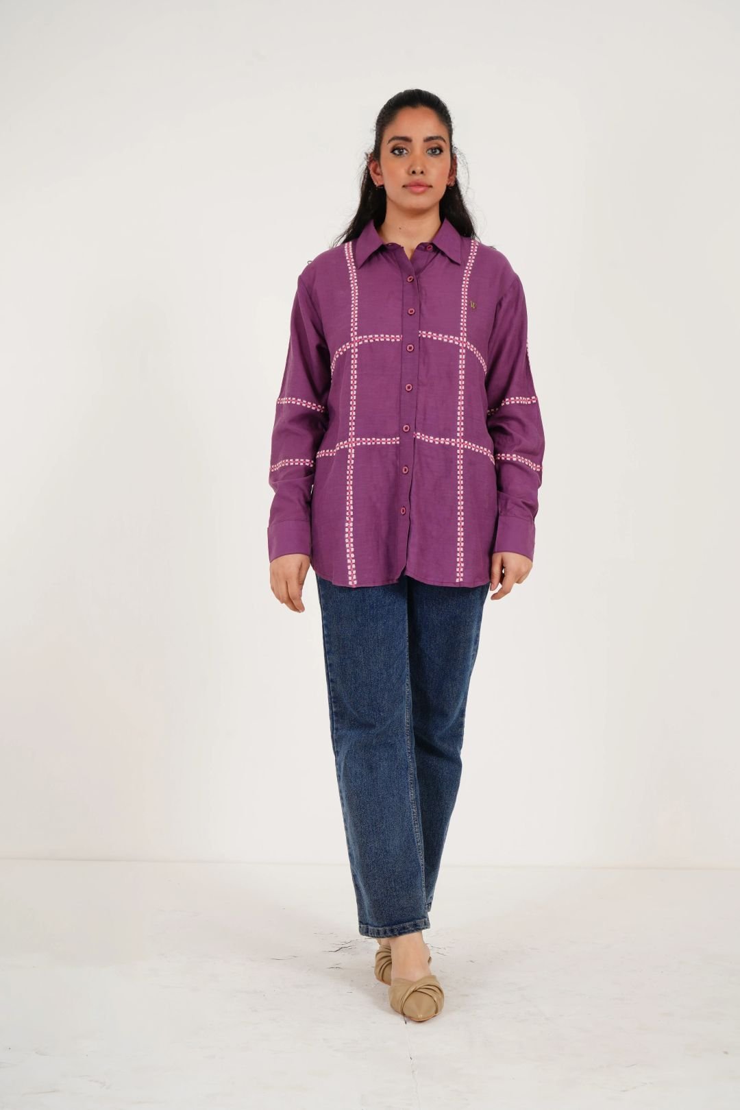 Purple Line Embroidered Oversized Shirt - Western Era Tops for women