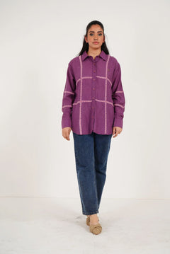 Purple Line Embroidered Oversized Shirt - Western Era Tops for women