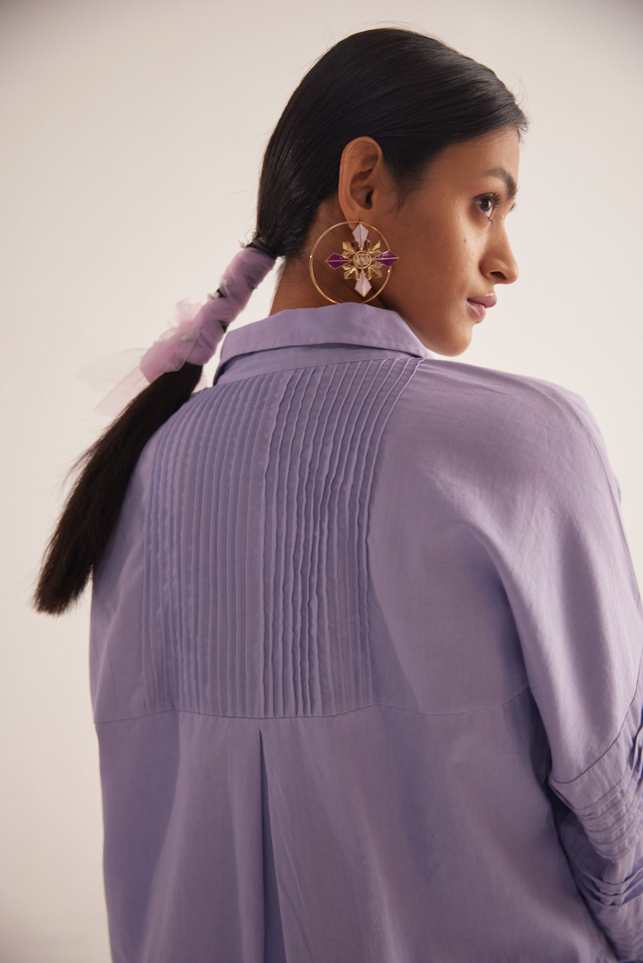 Purple Pleated sleeves Oversized Cotton Shirt - Western Era Tops for women