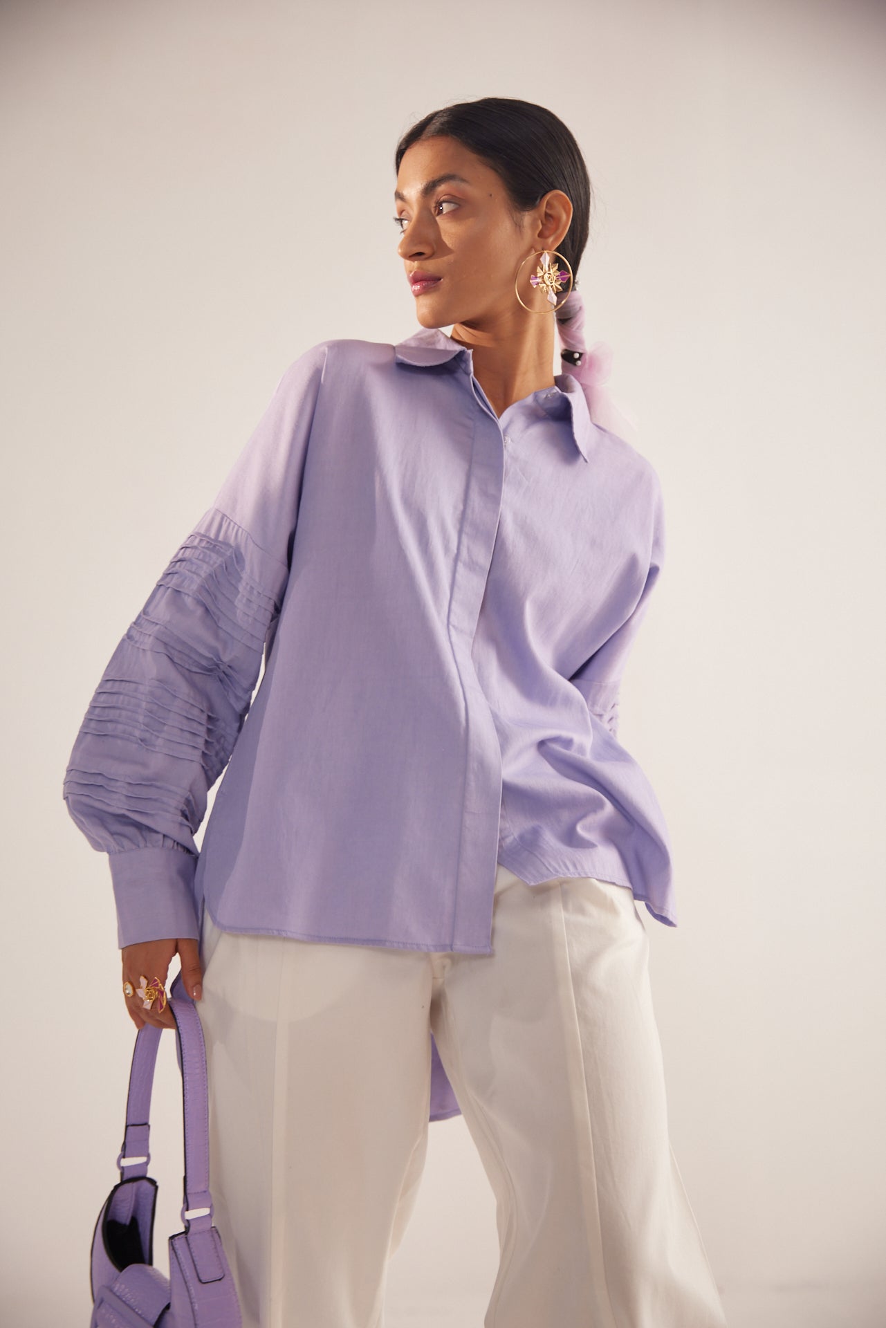 Purple Pleated sleeves Oversized Cotton Shirt - Western Era Tops for women