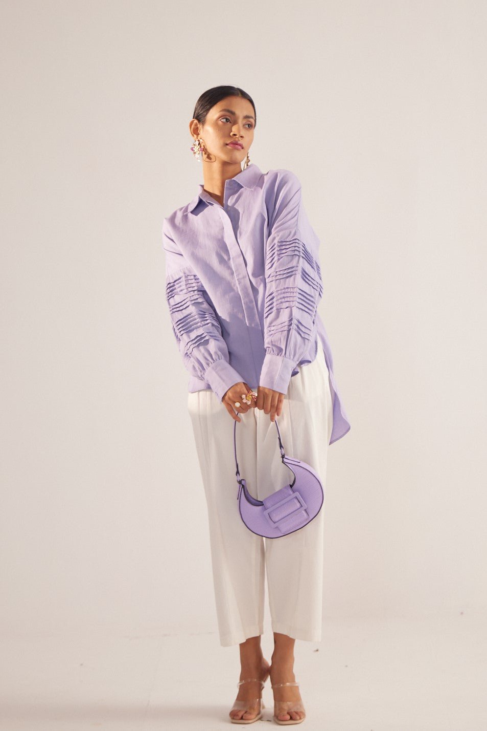 Purple Pleated sleeves Oversized Cotton Shirt - Western Era Tops for women