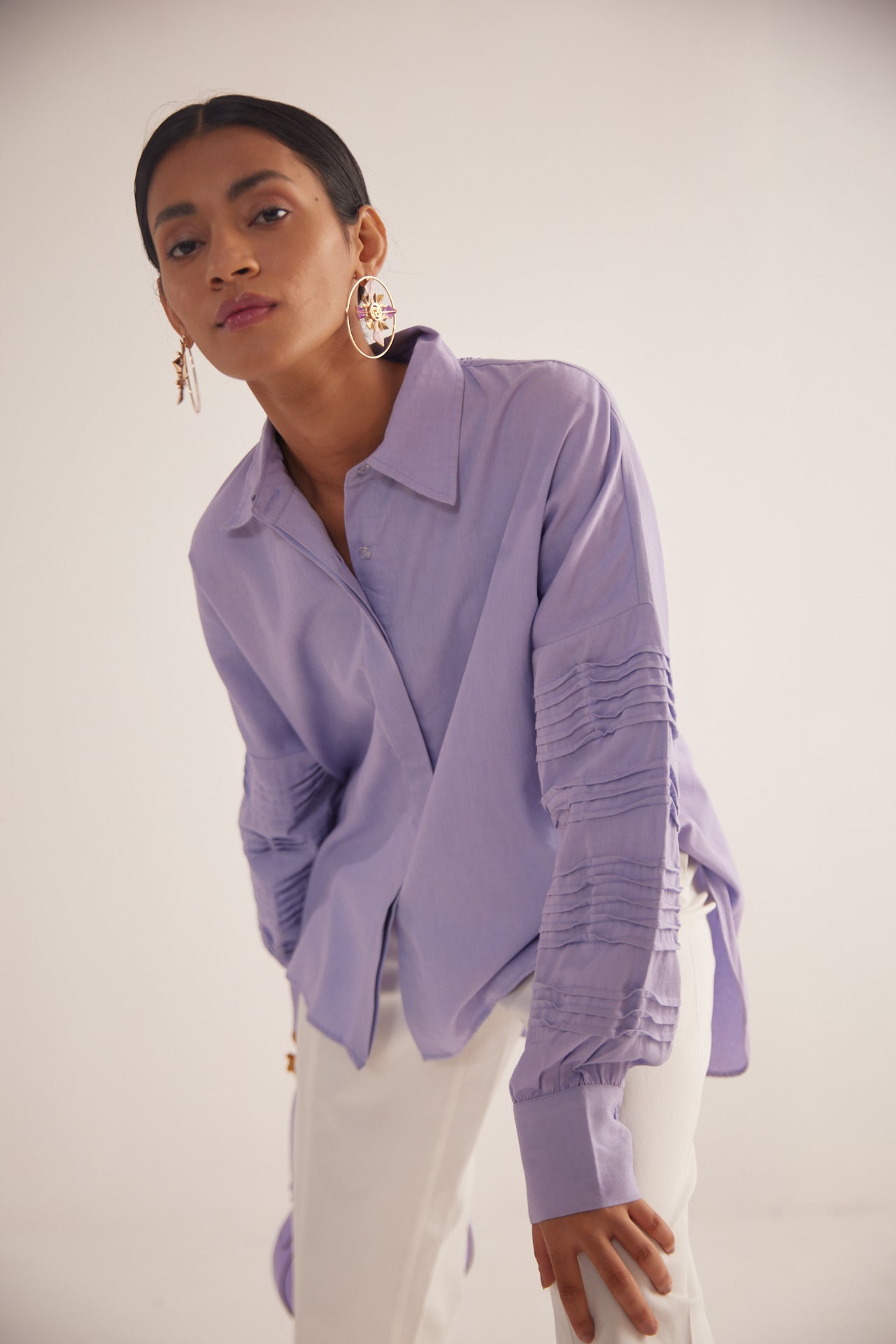 Purple Pleated sleeves Oversized Cotton Shirt - Western Era Tops for women